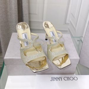 Jimmy Choo Anise 85 Heeled Slides Women Glitter Fabric Grey/Gold