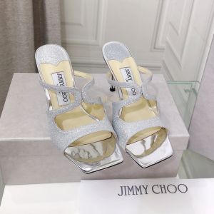 Jimmy Choo Anise 85 Heeled Slides Women Glitter Fabric Grey/Silver