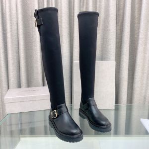 Jimmy Choo Biker II Over The Knee Boots Women Stretch Bonded Fabric With Gold Buckles Black