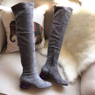 Jimmy Choo Maine Knee Boots Suede With Crystal Embellished Heel Grey